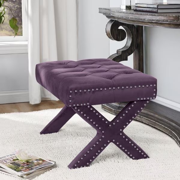 Hazel Velvet Button Tufted Silver Nailhead Trim X-Leg Ottoman - Plum, Posh Living, Mfr#: ON06-02PM-UE